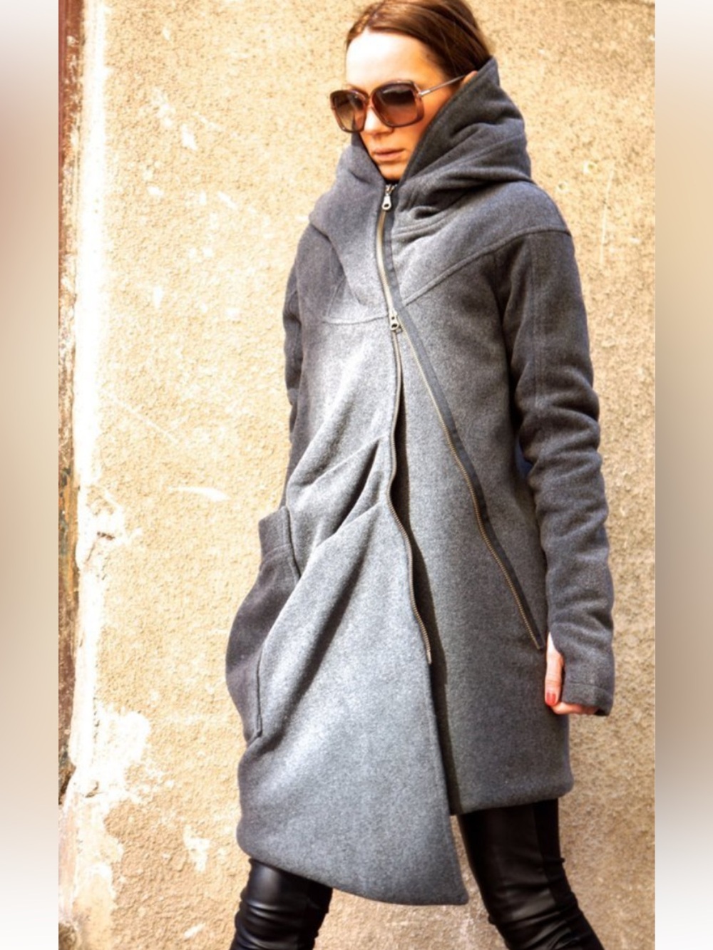 Aakasha Avant-Garde Architectural Hooded Asymmetric Coat Gray S